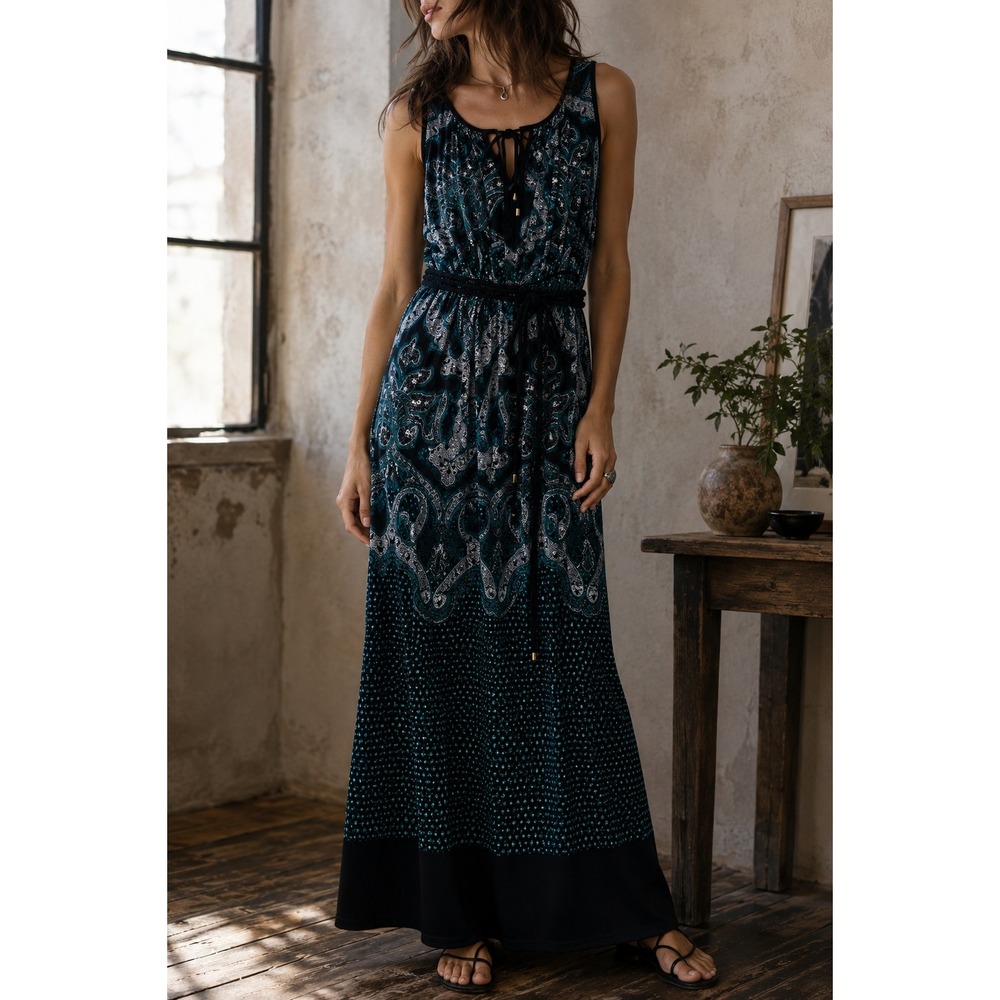 Adrianna Papell Paisley Print Rayon Spandex Sleeveless Belted Maxi Dress M